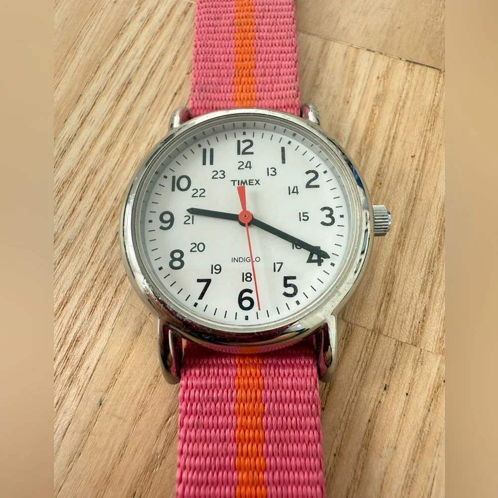 Timex weekender ladies pink and orange strap watch NEW BATTERY